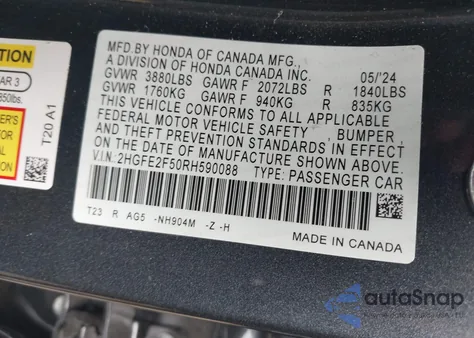 2024 Honda Civic Sport из США, поврежденный, VIN 2HGFE2F50RH590088